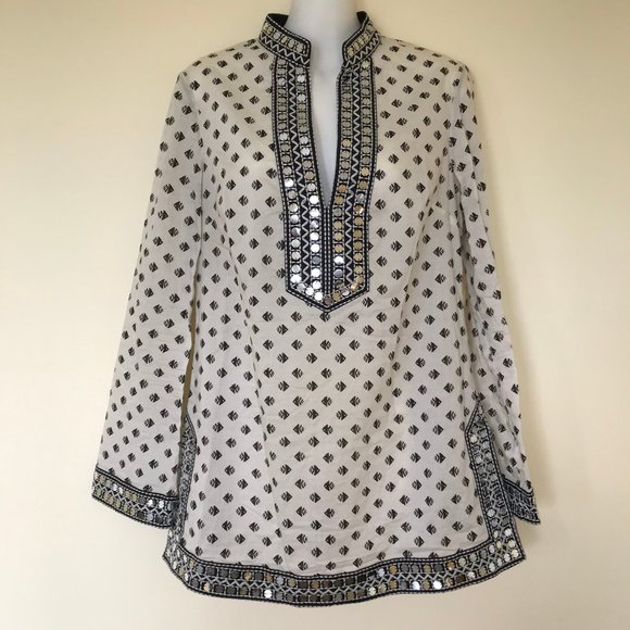 Tory Burch Ivory & Black Fish Print Long Sleeve Tunic Top with Mirror Sequins - Picture 2 of 10